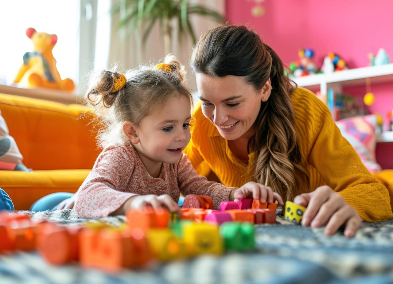 Nounou qui joue avec un jeune enfant bénéficiant de la PAJE